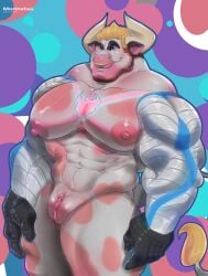 andromorph anthro barazoku bovid bovine brayan cattle chest_tattoo digital_media_(artwork) ear_piercing ear_ring facial_piercing fur genitals hair hi_res horn humanoid_genitalia humanoid_pussy intersex male mammal markings morinetsu muscular muscular_anthro muscular_male nipples nose_piercing nose_ring nude piercing presenting prosthetic prosthetic_arm prosthetic_limb pubes pussy ring_piercing septum_piercing septum_ring smile solo spots spotted_body stubble tail tattoo