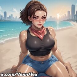 ai_generated athletic_female bandana beach brown_eyes brown_hair crop_top dark-skinned_female dark_hair dark_skin fit_female girl_on_top grand_theft_auto grand_theft_auto_vi heart hi_res high_resolution highres latina looking_at_viewer lucia_caminos outdoors riding vexnflex watermark