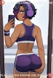1girls 2d 2d_(artwork) 2d_artwork abs ai_assisted architectdev ass ass_focus ass_grab cartoony cg cg_art dark-skinned_female dark_skin digital_art digital_drawing_(artwork) digital_media digital_media_(artwork) ebony female fetish_phone from_behind fully_clothed fully_clothed_female game_cg grabbing_own_ass gradient_hair gym gym_clothes gym_shorts gym_uniform hair_over_one_eye hand_on_ass headphones holding_object holding_phone legs medium_breasts mirror mirror_selfie muscular_female nervous nervous_sweat original original_character purple_clothing purple_eyes purple_hair selfie selfie_pose short_hair six_pack skinny skintight skintight_clothing slim smaller_female solo solo_female solo_focus sports_bra standing sweat sweatdrop sweaty tagme thick_hips thick_legs thick_thighs thighs through_clothes tomboy visual_novel waist western_art wristband