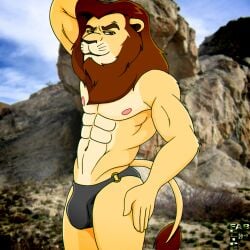 2018 abs anthro biped black_briefs black_clothing black_underwear briefs briefs_only brown_eyebrows brown_eyes brown_mane brown_tail_tuft bulge closed_smile clothed clothing digital_media_(artwork) eyebrows fabfelipe felid fur hand_behind_head hand_on_leg hand_on_own_leg hi_res lion looking_at_viewer male mammal mane mouth_closed muscular muscular_anthro muscular_male navel nipples pantherine pink_nipples pinup pose smile solo standing tail tail_tuft topless tuft underwear underwear_only whiskers yellow_body yellow_fur