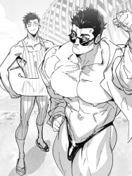atsuya_kusakabe bara bara_tiddies bara_tits barely_clothed beach dark_hair jujutsu_kaisen mabataki male/male male_only muscles muscular muscular_arms muscular_ass muscular_legs muscular_male muscular_thighs older_male_younger_male older_man_and_younger_boy partially_clothed revealing_clothes scantily_clad slutty_clothes sunglasses sunglasses_on_head thick_thighs thong thong_bikini unbuttoned_shirt