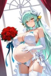 1girls after_sex ai_generated big_breasts boquet breasts bride clothed clothing fate/grand_order fate_(series) female green_hair hair_ornament horns huge_breasts kiyohime_(fate) kiyohime_(fate/grand_order) large_ass lingerie long_hair neruton partially_clothed pregnant pregnant_female tagme tagme_(artist) wedding_dress wholesome yandere