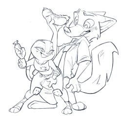 anthro barefoot bl394 blush bodily_fluids canid canine carrot carrot_pen clothing disney duo ears_down erection erection_under_clothing feet female food fox hi_res hot_dog judy_hopps lagomorph leporid male male/female mammal monochrome necktie nick_wilde pivoted_ears plant police police_badge police_uniform rabbit sweat sweatdrop uniform vegetable zootopia