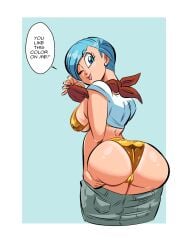 blue_hair bulma_briefs dat_ass dragon_ball dragon_ball_super dragon_ball_z funsexydragonball huge_ass looking_at_viewer looking_back milf older_female