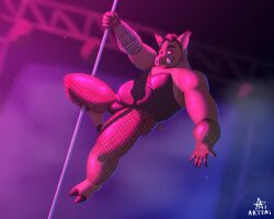 absurd_res anthro armwear artemi beard clothed clothing crossdressing dancing eyeshadow facial_hair fishnet_armwear fishnet_clothing fishnet_legwear hi_res legwear looking_at_viewer makeup male mammal morris_(wtdl) playboy_outfit pole pole_dancing solo stage stripper_pole suid suine sus_(pig) where_the_demon_lurks wild_boar