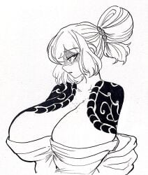 1girls aplpakapa barely_contained_breasts body_tattoo breasts busty cleavage female female_only freckles freckles_on_breasts freckles_on_face huge_breasts ishmael_(limbus_company) japanese_clothes kimono kurokumo_clan_(identity)_(project_moon) limbus_company monochrome off_shoulder off_shoulder_kimono project_moon shaded_face shoulder_tattoo solo tied_hair