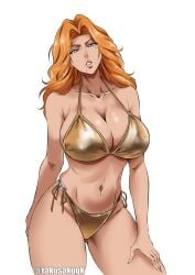 1girls big_breasts bikini bleach breasts busty cleavage curvy fat_breasts female female_focus female_only flat_belly gold_bikini golden_bikini golden_week huge_breasts light-skinned_female light_skin looking_at_viewer matsumoto_rangiku orange_hair rakusakugk solo thick_thighs voluptuous white_background