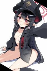 1girls black_hair blue_archive blush bottomless breasts chiaki_(blue_archive) choker demon_girl demon_horns female harigane_shinshi hat heart horns long_hair looking_at_viewer open_clothes open_shirt peaked_cap pointy_ears red_eyes simple_background sitting smile socks solo very_long_hair wariza white_background