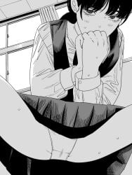 chainsaw_man collared_shirt commentary_request dress female fourth_east_high_school_uniform fujimoto_tatsuki_(style) greyscale highres indoors light_blush long_sleeves mitaka_asa monochrome nanami_toga panties pinafore_dress pussy_juice school_uniform shirt sleeveless sleeveless_dress solo spread_legs sweat underwear window