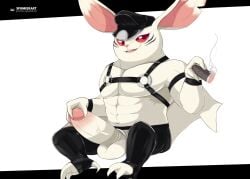 2025 abs anthro atlus balls bat big_penis cigar clothed clothing cuff_(restraint) digital_drawing_(artwork) digital_media_(artwork) erection eugief fur genitals hand_on_penis harness hat headgear headwear heismay_noctule humanoid_genitalia humanoid_penis leather leather_clothing leather_cuffs leather_daddy leather_topwear long_ears male mammal membrane_(anatomy) membranous_wings metaphor:_refantazio muscular muscular_male open_mouth pecs penis red_eyes restraints sega simple_background smile smoke smoking solo spunker topwear white_body white_fur wings