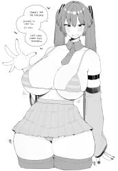 belly_button belt big_breasts bikini black_and_white blush breasts breasts_bigger_than_head hatsune_miku hatsune_miku_(collared_bikini) heart looking_at_viewer nail_polish ohasi panties thigh_highs