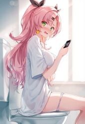 ai_generated caught_in_the_act daytime embarrassed_female green_eyes nicole_demara on_phone panties_around_leg panties_off pink_hair raaicave sitting_on_toilet zenless_zone_zero