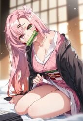 ai_generated cosplay demon_slayer green_eyes japanese_house kamado_nezuko kimono nicole_demara pink_eye pink_hair raaicave thighs zenless_zone_zero