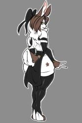 1boy 2020s 2025 2d 2d_(artwork) 5_fingers anthro anthro_only ass ass big_ass big_butt black_clothing blush bowtie bowtie_on_head brown_hair bunny bunny_boy bunny_ears chest_tuft clothing curvy curvy_figure eyebrows eyelashes femboy femboy_only fluffy_tail furry furry_male furry_only hair_over_eyes hi_res highres hips latex latex_clothing latex_leggings loincloth long_ears looking_at_viewer lynnminx male male_focus male_only mammal navel original original_character peace_sign round_ass simple_background slim_waist solo solo_male star_tattoo tail tem_(lynnminx) two-tone_fur white_fur wide_hips yellow_eyes