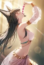 ai_generated armpit black_hair buttplug_in_mouth closed_eyes egyptian_clothes hoshimi_miyabi one_arm_up raaicave translucent_clothing wolf_ears zenless_zone_zero