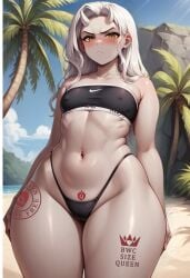 ai_generated angry beach big_ass big_thighs bikini blush calamitas calamity_mod cameltoe demon_girl demon_horns grey_body grey_skin hand_on_hip nike_logo nike_pro queen_of_hearts raceplay size_queen supreme_calamitas_(terraria_mod) terraria terraria_(workshop) thick tubetop white_hair