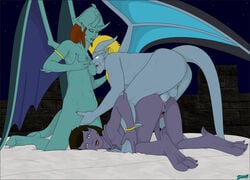 1boy 2girls anal anal_penetration angela_(gargoyles) ass breasts disney doggy_style fab3716 female fingering gabriel_(gargoyles) gargoyles green-skinned_female green_skin humanoid male nipples nude ophelia_(gargoyles) penis purple-skinned_female purple_skin pussy teal_body trio wet