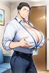 1boy ai_generated busty_boy cleavage grabbing_own_breast huge_breasts lanyard lustre male male_with_breasts nijisanji self_upload short_hair solo standing virtual_youtuber yashiro_kizuku