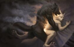 anthro anthro_on_anthro ass bed bed_sheet bedding biped black_body black_fur canid canine canis cheek_tuft claws closed_eyes digital_drawing_(artwork) digital_media_(artwork) duo facial_tuft fangs fur furniture hibbary lying male male/male mammal nude on_back on_bed open_mouth pawpads paws sex spread_legs spreading teeth tuft white_body white_fur wolf