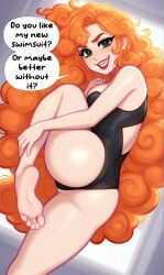 1girls ai ai_assisted ai_generated ass barefoot bikini black_swimsuit curly_hair feet female female_only foot_fetish green_eyes hi_res high_resolution highres long_hair looking_at_viewer oc orange_hair pixai sfw simple_background soles soles_female speech_bubble swimsuit text thick_thighs thighs toes