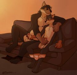absurd_res anthro arm_around_partner balls belly black_body black_fur bodily_fluids body_hair canid canine canis cheek_tuft circumcised clothed clothing clothing_around_legs clothing_around_one_leg dripping duo ear_piercing eyewear facial_tuft father father_and_child father_and_son feet foreskin fur furniture genital_fluids genitals glasses hairy_balls handjob hi_res humanoid_genitalia humanoid_penis incest leaking_precum male male/male mammal mostly_nude mutual_masturbation neck_tuft nipples orange_body orange_fur overweight parent parent_and_child parent_and_son partially_clothed penile penis piercing precum precum_drip pubes sex size_difference slightly_chubby sofa son tail tan_belly thick_penis tracho tuft uncircumcised underwear underwear_around_legs underwear_around_one_leg underwear_down underwear_only warm_lighting wearing_glasses wolf yellow_sclera