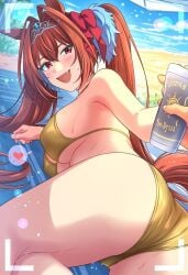 ai_assisted big_ass big_breasts daiwa_scarlet_(umamusume) golden_bikini golden_week happy looking_at_viewer looking_back on_beach red_eyes smile smiling_at_viewer sunscreen tiara umamusume