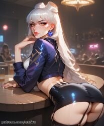 absurd_res ai_generated ass ass_focus evelynn female female_pubic_hair hair_bun hair_buns hi_res highres k/da_all_out_evelynn k/da_all_out_series league_of_legends ozziru patreon prostitution pubic_hair self_upload strip_club uncensored white_hair yellow_eyes