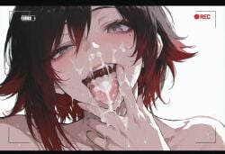 1girls after_fellatio ai_generated black_hair blush cum_bubble cum_in_mouth cum_on_face cum_on_hand cumdrip cumstring excessive_cum female finger_in_mouth gradient_hair kizirugai looking_at_viewer outstretched_arm portrait ruby_rose rwby selfie silver_eyes tagme tongue_out uneven_eyes