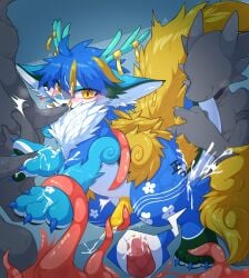 absurd_res ahoge all_fours ambiguous_gender ambiguous_species anal anal_sex anthro ass black_ear_tips black_pawpads blue_body blue_claws bodily_fluids body_writing claws close-up cum cum_in_ass cum_in_mouth cum_inside cum_on_arm cum_on_butt cum_on_ground cum_on_hand cum_on_own_penis cum_on_penis cum_on_self cum_on_tongue cum_splatter cumshot dipstick_ears dragon ear_markings ejaculation emanata faceless_character feet finger_claws floral_markings genital_fluids genitals group group_sex hair handjob handjob_while_penetrated hi_res looking_at_viewer male male/male markings multicolored_ears mythological_creature mythological_scalie mythology narrowed_eyebrows open_mouth oral oral_penetration pawpads penetration penile penile_penetration penis penis_in_ass penis_on_tongue scalie sex tapering_penis tentacle tentacle_around_penis tentacle_around_waist tentacle_creature tentacle_sex tentaclejob toeless_(marking) tongue waru0130 writing_on_butt