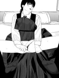 blush chainsaw_man clothes_lift collared_shirt commentary_request dress dress_lift female_pubic_hair fourth_east_high_school_uniform fujimoto_tatsuki_(style) greyscale highres indoors long_sleeves mitaka_asa monochrome nanami_toga on_bed open_mouth panties pillow pinafore_dress pubic_hair school_uniform shirt sleeveless sleeveless_dress underwear