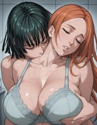 2girls ai_generated big_breasts bleach bra breasts closed_eyes crossover cupping_breasts dark_hair female female_only fondling fondling_breast from_behind from_behind_position fubuki_(one-punch_man) green_hair grope_from_behind groping huge_breasts inoue_orihime kissing_neck large_breasts licking_neck long_hair multiple_girls one-punch_man orange_hair pleasure_face short_hair tilted_head waifuxart yuri