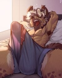 4:5 anthro armpit_hair athletic athletic_anthro bed big_penis body_hair brown_body brown_fur bulge closed_eyes clothed clothing detailed_bulge erection fur furniture genital_focus genital_outline genitals groggy hair hi_res hyena inner_ear_fluff juantriforce lying male mammal morning_wood on_back on_bed open_mouth penis penis_focus penis_outline reclining shirtless_anthro shirtless_male solo spread_legs spreading tired tuft underwear underwear_only waking_up white_hair