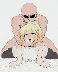 1boy ahe_gao ai_generated asphyxiation ass bald bangs blonde_hair blue_eyes blush braid clothed_female_nude_male darkness_(konosuba) faceless_male female kono_subarashii_sekai_ni_shukufuku_wo! konosuba muscular_male open_mouth prone_bone rolling_eyes sex sex_from_behind sheet_grab sondu strangling sweater tongue_out