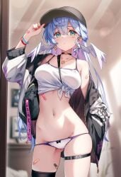 1girls ai_generated black_hat blue_hair curvy_female curvy_figure daytime green_eyes honkai:_star_rail mirror_reflection raaicave robin_(honkai:_star_rail) white_crop_top white_panties