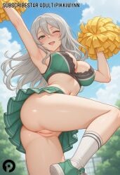 1girls ;d ai_generated alfia_(danmachi) anus arm_up armpits ass bangs bare_shoulders big_ass big_breasts blush bra breasts cheerleader cleavage cleft_of_venus day dungeon_ni_deai_wo_motomeru_no_wa_machigatteiru_darou_ka exhibitionism female female_only from_below green_bra green_eyes green_skirt grey_hair hair_between_eyes holding holding_pom_poms large_breasts light-skinned_female long_hair looking_at_viewer miniskirt navel no_panties one_eye_closed open_mouth outdoors pikkiwynn pleated_skirt pom_pom_(cheerleading) public_indecency pussy shoes skirt sky smile sneakers socks solo standing standing_on_one_leg stomach thighs uncensored underwear upskirt white_socks