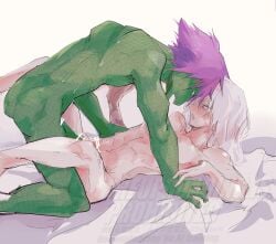 gay iguchi_shuuichi lizzard male missionary missionary_position my_hero_academia non-human purple_hair reptile reptile_humanoid shigaraki_tomura shuichi_iguchi skinny snout spinner_(my_hero_academia) tomura_shigaraki white_hair yaoi