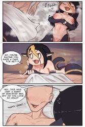 absurd_res after_sex apode bodily_fluids comic cum cum_inside draconcopode drained female genital_fluids hi_res human humanoid lamia legless male male/female mammal omenocta reptile scalie serpentine snake speech_bubble split_form sweat vaginal_fluids