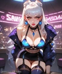 absurd_res ai_generated evelynn female female_pubic_hair hair_bun hair_buns hi_res highres k/da_all_out_evelynn k/da_all_out_series league_of_legends ozziru patreon prostitution pubic_hair self_upload strip_club uncensored white_hair yellow_eyes