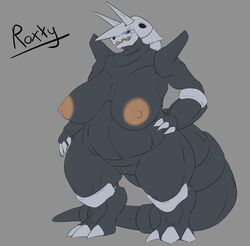 absurd_res aggron anthro anthrofied big_breasts blue_eyes breasts brown_nipples claws curvy_figure digitigrade female genitals grey_background hand_on_hip hi_res horn huge_breasts mature_anthro mature_female musclegut nintendo nipples nude pokémon_(species) pokemon pokemon_(species) pussy simple_background slightly_chubby solo stocky thick_thighs tolerain_(artist) video_games voluptuous wide_hips