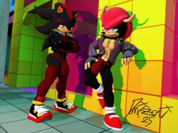 2025 3d_(artwork) abs anthro armadillo ass big_bulge big_butt blue_eyes bulge clothing crossed_arms digital_media_(artwork) domizoni duo eulipotyphlan footwear gloves handwear hedgehog hi_res jacket leaning_against_wall leather leather_clothing leather_jacket leather_topwear legwear looking_at_viewer male male_focus mammal mighty_the_armadillo muscular muscular_anthro muscular_male pecs pinup pose red_eyes sega shadow_the_hedgehog shoes smile sonic_the_hedgehog_(series) source_filmmaker_(artwork) speedo swimwear thigh_highs topwear xenarthran
