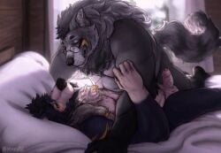 2025 allmand52 anthro arm_tuft aroused balls barazoku bear bed bed_sheet bedding bedroom belly biceps body_hair canid canine chest_hair duo elbow_tuft erection eye_contact eyewear eyewear_only face_to_face facial_piercing fangs forearm_muscles foreskin furniture genital_piercing genitals glasses glasses_only grey_hair grin hair hi_res intimate jewelry leaning leaning_forward leaning_over looking_at_another lying male male/male mammal manly mature_male muscular_legs necklace necklace_only nose_piercing nose_ring nude on_back on_bed overweight penis penis_piercing piercing prince_albert_piercing pubes raccoon_dog reclining ring_piercing sabertooth_(anatomy) slightly_chubby smile tanuki teeth triceps tuft vein veiny_penis wearing_glasses white_hair