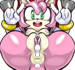 accessory amy_rose anthro anus areola bodily_fluids boots bracelet breasts clitoris clothing countershading cum cum_in_pussy cum_inside double_v_sign eulipotyphlan female flexible footwear genital_fluids genitals gesture gloves hand_gesture handwear headband heart_eyes heart_symbol hedgehog jewelry leaking_cum legs_behind_head legs_up lying mammal mostly_nude nipples on_back open_mouth open_smile pink_body plump_labia puffy_anus pussy rockthebull sega shoes simple_background smile solo sonic_(series) sonic_the_hedgehog_(series) symmetry tan_body tan_countershading tan_inner_ear v_sign vaginal_fluids white_background