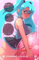 1futa ass breasts cum ejaculation english_text erection hatsune_miku looking_back open_mouth penis speech_bubble testicles thick_thighs uncensored vocaloid