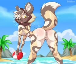 2025 african_wild_dog anthro anus artist_name ass ball beach_ball biddoboss blush bodily_fluids bottomless breasts breath canid canine clothed clothing detailed_background female freckled_butt freckles fur genitals headgear headwear hi_res hood hoodie hoodie_only inflatable inner_ear_fluff looking_back mammal markings motion_lines open_mouth outside plant presenting presenting_hindquarters public public_nudity pussy sadie_(biddoboss) smile solo spots spotted_body spotted_fur sweat teeth text tongue topwear topwear_only tree tuft water watermark whisker_spots yellow_eyes