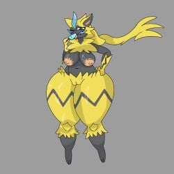1:1 anthro ass belly big_breasts blue_eyes breasts chronicmeowmeow digital_media_(artwork) female food fur generation_7_pokemon genitals hi_res legendary_pokemon nintendo nipples nude pokemon pokemon_(species) popsicle pussy simple_background zeraora