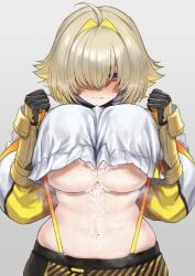 1girls after_paizuri ahoge baking_(artist) blonde_hair blush breast_press breasts cowboy_shot crop_top cum cum_on_body cum_on_breasts elegg_(nikke) excessive_cum female goddess_of_victory:_nikke hair_over_eyes hi_res large_breasts looking_at_viewer medium_hair navel no_bra purple_eyes simple_background smile solo solo_female stomach suspenders sweat two_tone_hair underboob white_background white_shirt yellow_hair