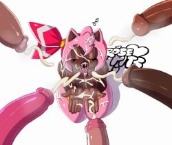 accessory amy_rose anthro big_breasts bodily_fluids bracelet breasts brown_body brown_nipples brown_skin bukkake closed_eyes cum cum_on_body cum_on_breasts cum_on_face eulipotyphlan female fur genital_fluids genitals group hair_accessory hairband heart_nipples heart_symbol hedgehog hi_res jewelry kneeling male mammal multiple_males nipples nude nude_female open_mouth penis pink_body pink_fur rosepits sega sonic_(series) sonic_the_hedgehog_(series) tongue tongue_out