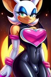 ai_generated anthro bat black_bodysuit black_clothing bodysuit bulge bulge_through_clothing chestplate chiropteran curvy_figure djcay eyelashes eyeshadow futa_focus futa_only futanari gloves green_eyes heart intersex lipstick long_eyelashes long_gloves makeup rouge_the_bat sleeveless smile smiling smiling_at_viewer smirk solo solo_focus sonic_(series) sonic_the_hedgehog_(series) spandex tan_skin thick_thighs thighs white_fur white_hair wide_hips