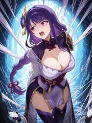 ai_generated arthropod_webbing female genshin_impact long_hair multicolored_hair okaymomo purple_eyes raiden_shogun spiderweb web