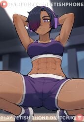 1girls 2d 2d_(artwork) 2d_artwork abs ai_assisted architectdev arms_behind_head ass_from_the_front cameltoe cameltoe_shorts cartoony cg cg_art close_up close_up_pussy crouching dark-skinned_female dark_skin digital_art digital_drawing_(artwork) digital_media digital_media_(artwork) ebony female fetish_phone floor from_below from_below_view fully_clothed fully_clothed_female game_cg gradient_hair gym gym_clothes gym_shorts gym_uniform hair_over_one_eye headphones legs looking_down looking_down_at_viewer medium_breasts muscular_female nervous nervous_sweat original original_character purple_clothing purple_eyes purple_hair pussy pussy_close-up pussy_through_clothing short_hair short_shorts sitting_on_floor six_pack skinny skintight skintight_clothing slim smaller_female solo solo_female solo_focus sports_bra standing stretching sweat sweatdrop sweaty tagme thick_hips thick_legs thick_thighs thighs through_clothes tomboy up_close vagina visual_novel waist western_art wristband